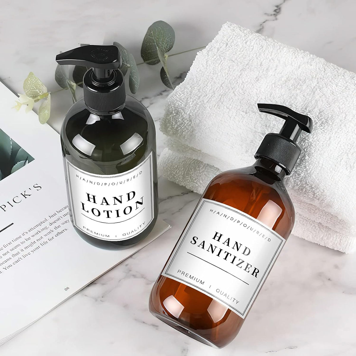 12 PCS Waterproof Glass/Plastic Bottle Labels - Farmhouse Bathroom/Kitchen Hand Soap Dispenser Label Stickers, Removable Cleaning Labels for Lotion, Shampoo and Conditioner