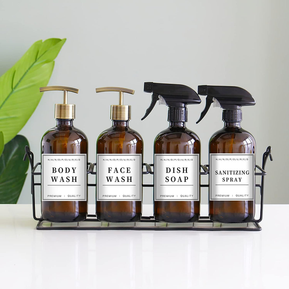 12 PCS Waterproof Glass/Plastic Bottle Labels - Farmhouse Bathroom/Kitchen Hand Soap Dispenser Label Stickers, Removable Cleaning Labels for Lotion, Shampoo and Conditioner