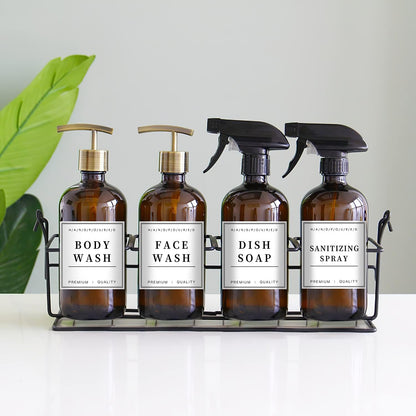 12 PCS Waterproof Glass/Plastic Bottle Labels - Farmhouse Bathroom/Kitchen Hand Soap Dispenser Label Stickers, Removable Cleaning Labels for Lotion, Shampoo and Conditioner
