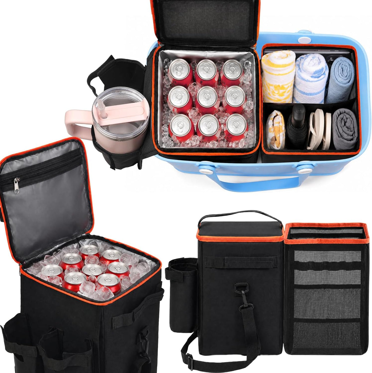 2-in-1 Cooler & Mesh Organizer Insert for XL Rubber Beach Totes, Leak-Proof PEVA Insulated Ice Chest & Storage Pouch with 4 Fasteners, Lightweight Accessories for Oversized Bags, Black