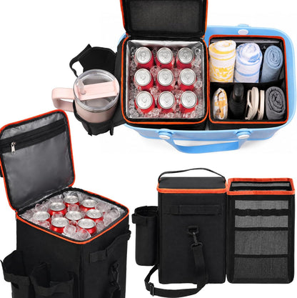 2-in-1 Cooler & Mesh Organizer Insert for XL Rubber Beach Totes, Leak-Proof PEVA Insulated Ice Chest & Storage Pouch with 4 Fasteners, Lightweight Accessories for Oversized Bags, Black