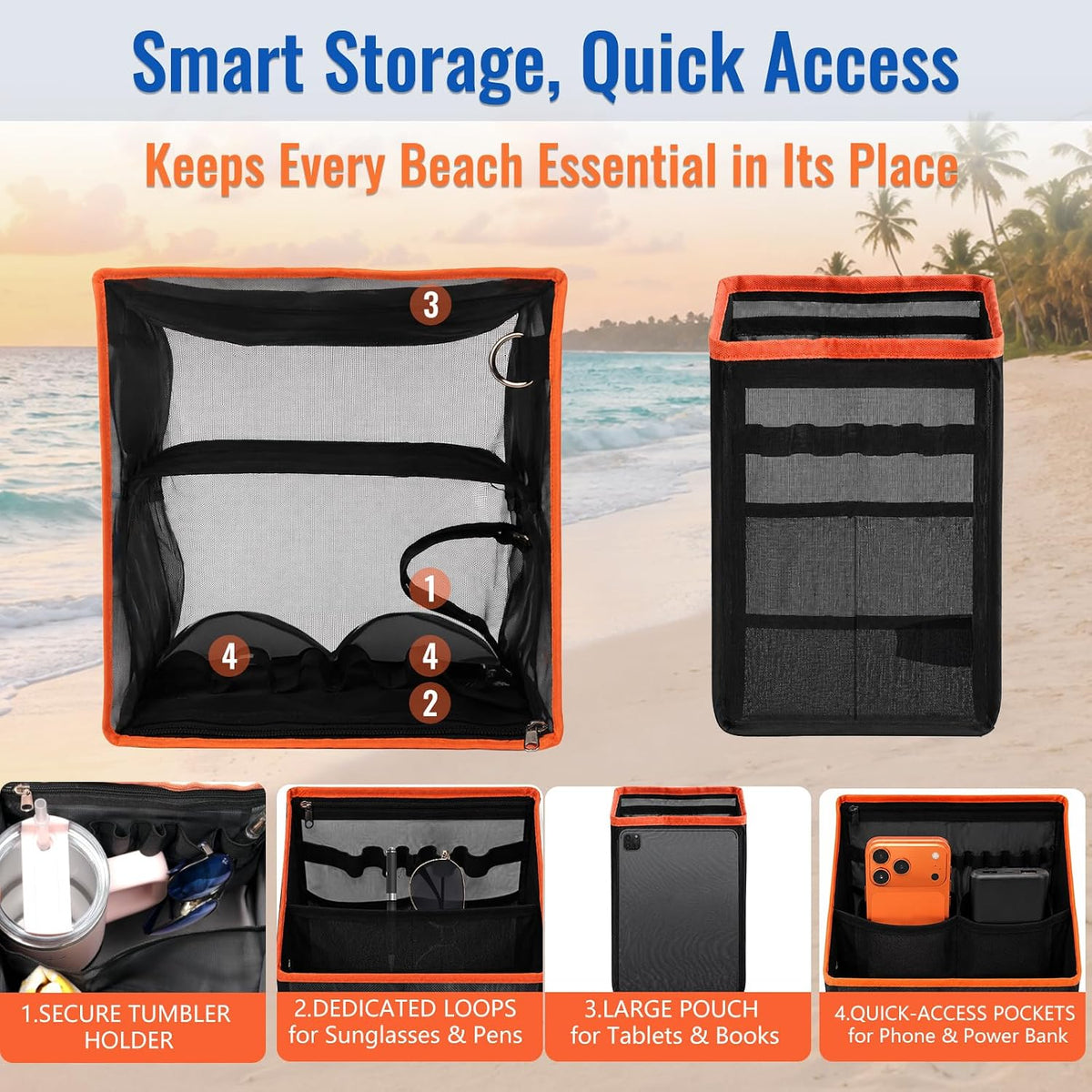 2-in-1 Cooler & Mesh Organizer Insert for XL Rubber Beach Totes, Leak-Proof PEVA Insulated Ice Chest & Storage Pouch with 4 Fasteners, Lightweight Accessories for Oversized Bags, Black