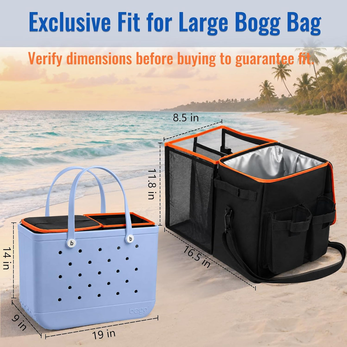 2-in-1 Cooler & Mesh Organizer Insert for XL Rubber Beach Totes, Leak-Proof PEVA Insulated Ice Chest & Storage Pouch with 4 Fasteners, Lightweight Accessories for Oversized Bags, Black
