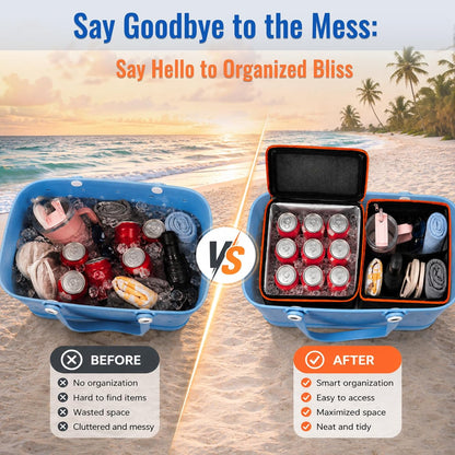 2-in-1 Cooler & Mesh Organizer Insert for XL Rubber Beach Totes, Leak-Proof PEVA Insulated Ice Chest & Storage Pouch with 4 Fasteners, Lightweight Accessories for Oversized Bags, Black
