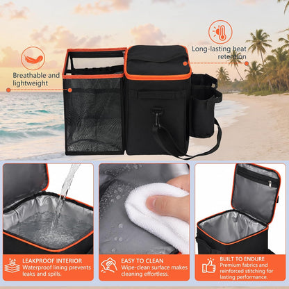 2-in-1 Cooler & Mesh Organizer Insert for XL Rubber Beach Totes, Leak-Proof PEVA Insulated Ice Chest & Storage Pouch with 4 Fasteners, Lightweight Accessories for Oversized Bags, Black