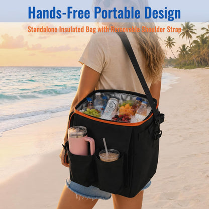 2-in-1 Cooler & Mesh Organizer Insert for XL Rubber Beach Totes, Leak-Proof PEVA Insulated Ice Chest & Storage Pouch with 4 Fasteners, Lightweight Accessories for Oversized Bags, Black