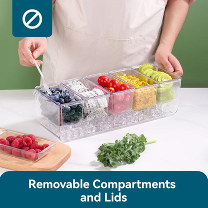 Chilled Garnish Tray with 5 Small Removable Containers and Compartments | Ice Chilled Condiment Organizer Server, Clear Garnish Serving Platter for Fruit, Salad, Food, Outdoor Events, Picnics