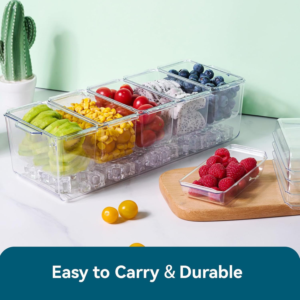 Chilled Garnish Tray with 5 Small Removable Containers and Compartments | Ice Chilled Condiment Organizer Server, Clear Garnish Serving Platter for Fruit, Salad, Food, Outdoor Events, Picnics