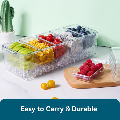 Chilled Garnish Tray with 5 Small Removable Containers and Compartments | Ice Chilled Condiment Organizer Server, Clear Garnish Serving Platter for Fruit, Salad, Food, Outdoor Events, Picnics