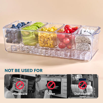 Chilled Garnish Tray with 5 Small Removable Containers and Compartments | Ice Chilled Condiment Organizer Server, Clear Garnish Serving Platter for Fruit, Salad, Food, Outdoor Events, Picnics