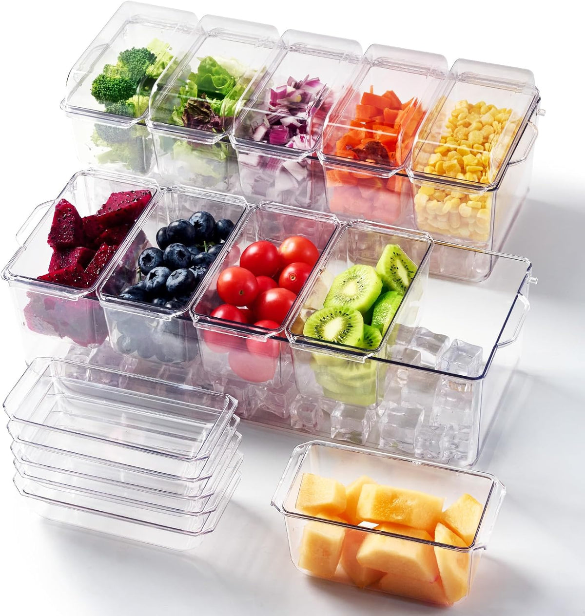 Chilled Garnish Tray with 5 Small Removable Containers and Compartments | Ice Chilled Condiment Organizer Server, Clear Garnish Serving Platter for Fruit, Salad, Food, Outdoor Events, Picnics