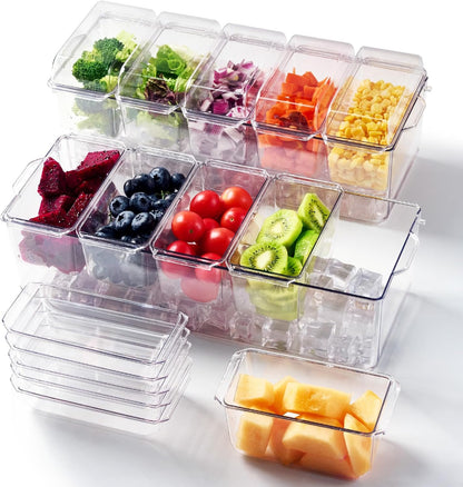 Chilled Garnish Tray with 5 Small Removable Containers and Compartments | Ice Chilled Condiment Organizer Server, Clear Garnish Serving Platter for Fruit, Salad, Food, Outdoor Events, Picnics