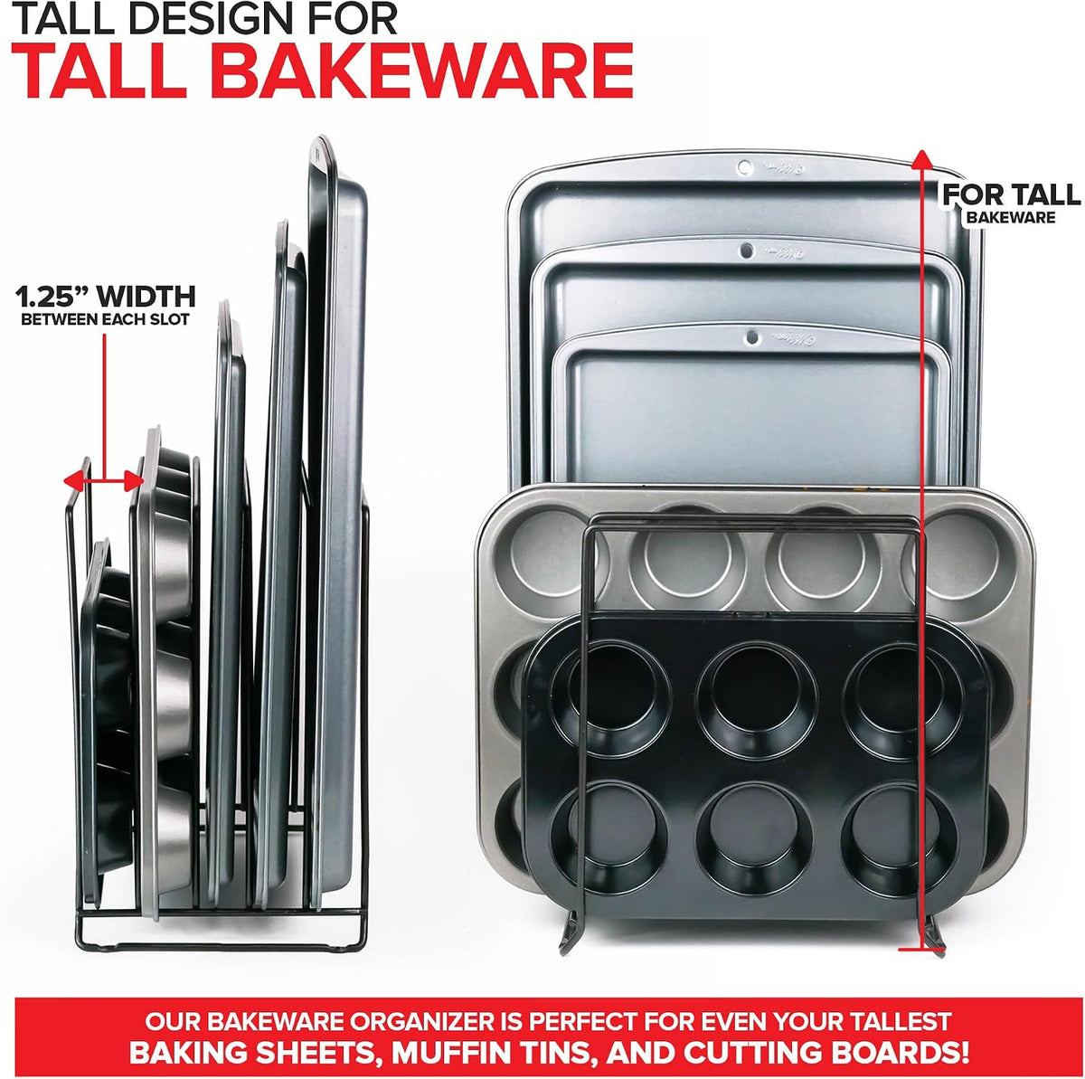 Chrome (2 Pack) Extra Tall Steel Baking Pan Organizer Rack for Cabinet Storage or Kitchen Counter, Cookie Baking Sheet Organizer with Dividers, Muffin Tin and Cutting Board Holder