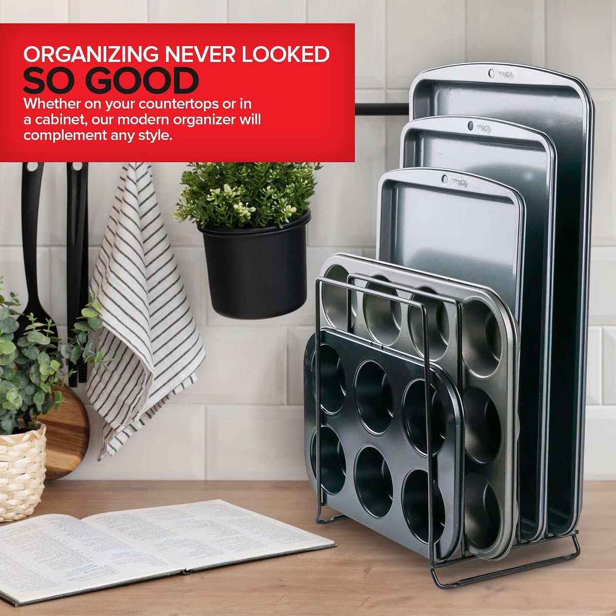 Chrome (2 Pack) Extra Tall Steel Baking Pan Organizer Rack for Cabinet Storage or Kitchen Counter, Cookie Baking Sheet Organizer with Dividers, Muffin Tin and Cutting Board Holder
