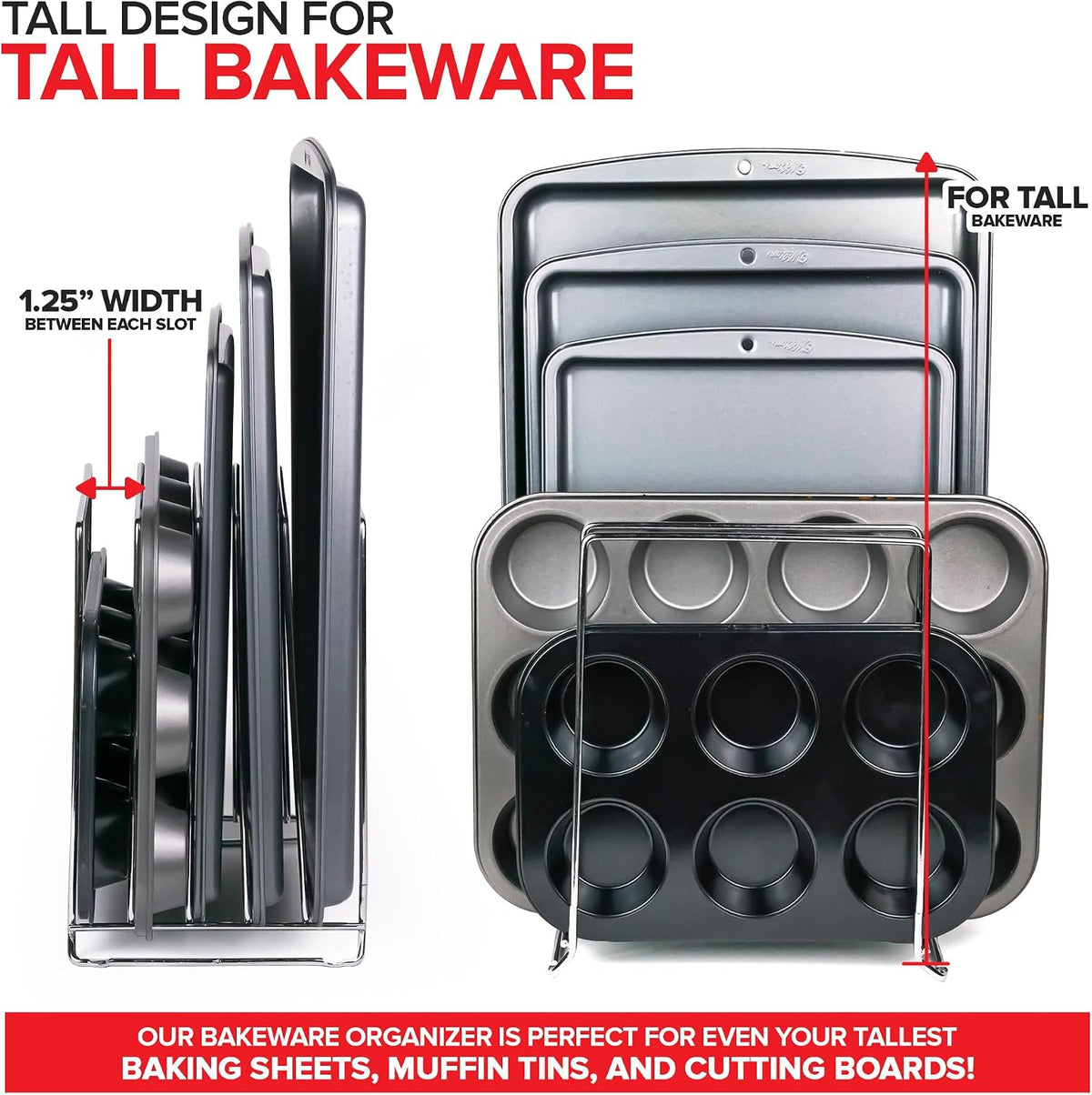 Chrome (2 Pack) Extra Tall Steel Baking Pan Organizer Rack for Cabinet Storage or Kitchen Counter, Cookie Baking Sheet Organizer with Dividers, Muffin Tin and Cutting Board Holder
