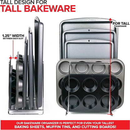 Chrome (2 Pack) Extra Tall Steel Baking Pan Organizer Rack for Cabinet Storage or Kitchen Counter, Cookie Baking Sheet Organizer with Dividers, Muffin Tin and Cutting Board Holder