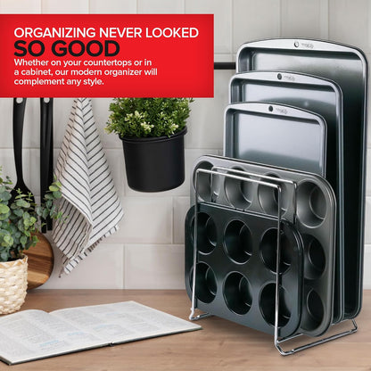 Chrome (2 Pack) Extra Tall Steel Baking Pan Organizer Rack for Cabinet Storage or Kitchen Counter, Cookie Baking Sheet Organizer with Dividers, Muffin Tin and Cutting Board Holder