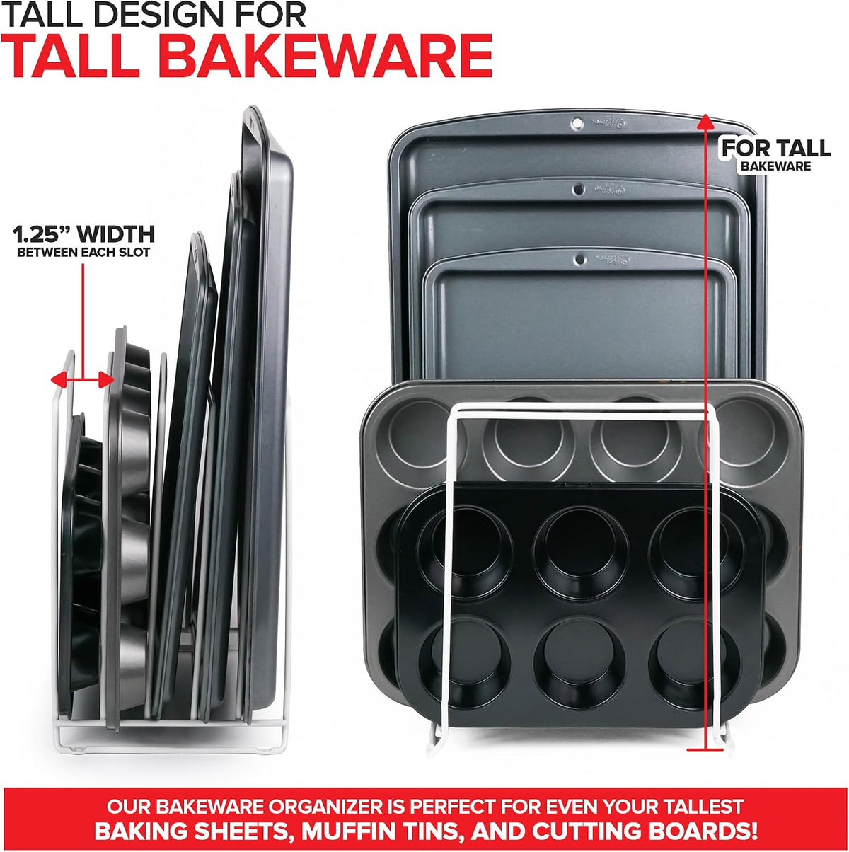 Chrome (2 Pack) Extra Tall Steel Baking Pan Organizer Rack for Cabinet Storage or Kitchen Counter, Cookie Baking Sheet Organizer with Dividers, Muffin Tin and Cutting Board Holder