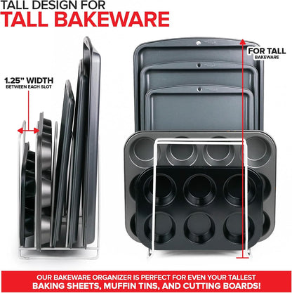 Chrome (2 Pack) Extra Tall Steel Baking Pan Organizer Rack for Cabinet Storage or Kitchen Counter, Cookie Baking Sheet Organizer with Dividers, Muffin Tin and Cutting Board Holder