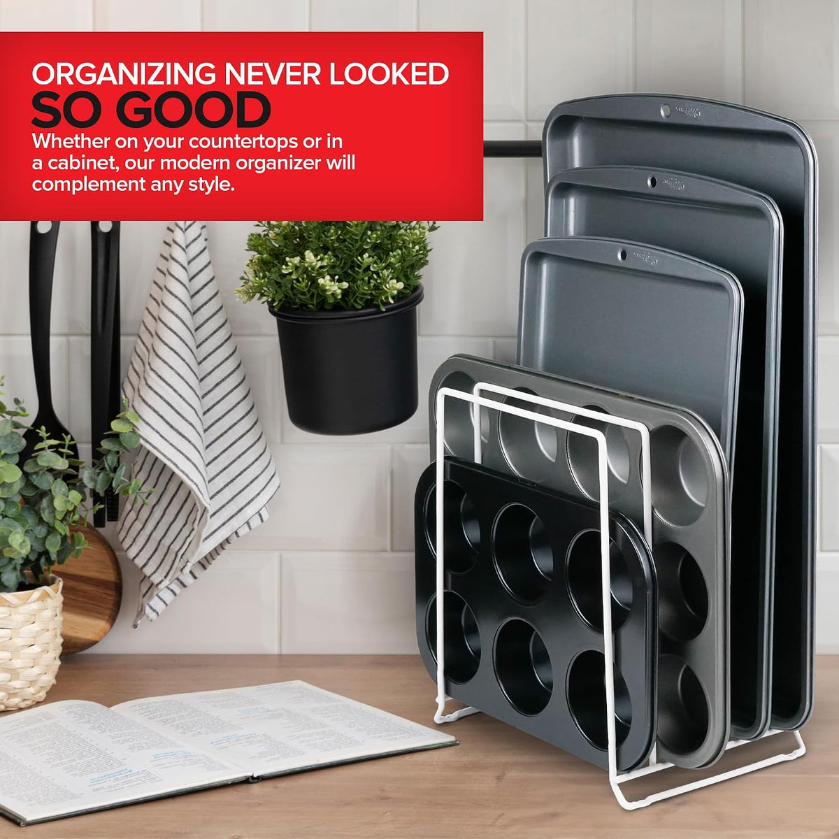 Chrome (2 Pack) Extra Tall Steel Baking Pan Organizer Rack for Cabinet Storage or Kitchen Counter, Cookie Baking Sheet Organizer with Dividers, Muffin Tin and Cutting Board Holder