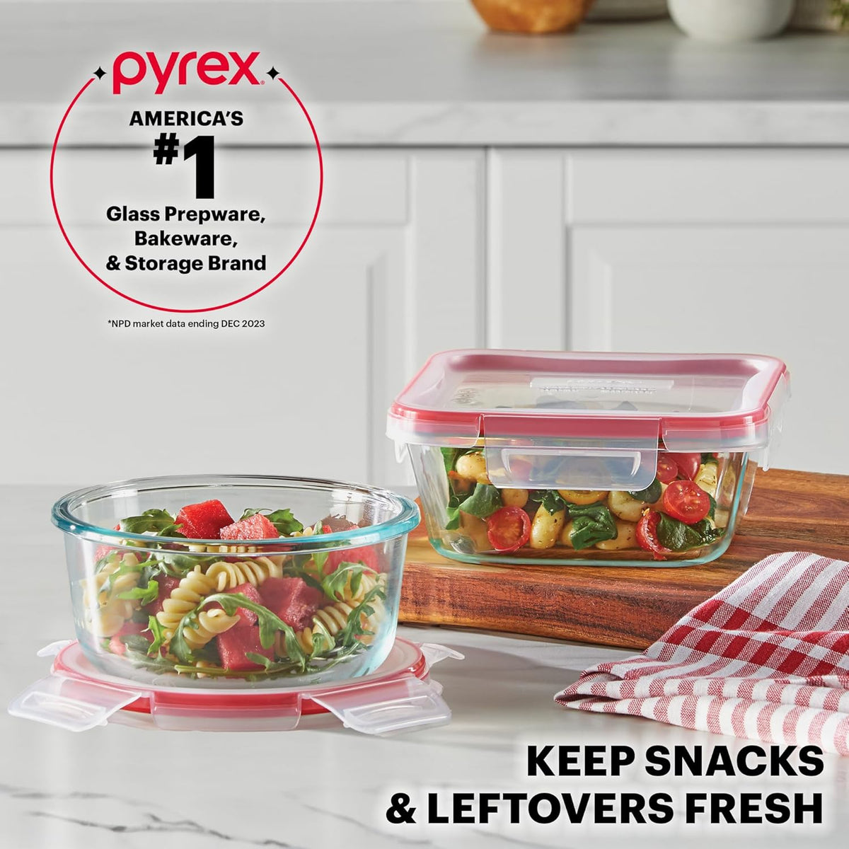 Pyrex Freshlock (4 Cup) Glass Food Storage Containers Set, Airtight & Leakproof Plastic Locking Lids BPA-Free, Meal Prep Containers Set, Freezer Dishwasher Microwave Safe