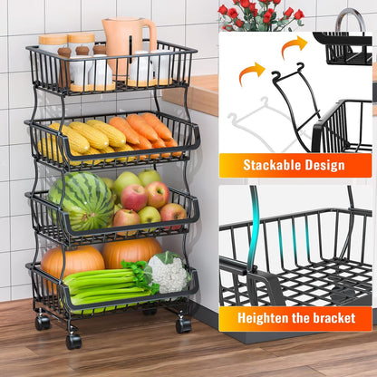 Gsiekare 3-Tier Rolling Pantry Organizer and Storage Cart with Wheels – Stackable Wire Snack Cart for Kitchen, Pantry Shelves and Storage Rack for Fruit, Vegetables, Onion, Potato (1 Pack)