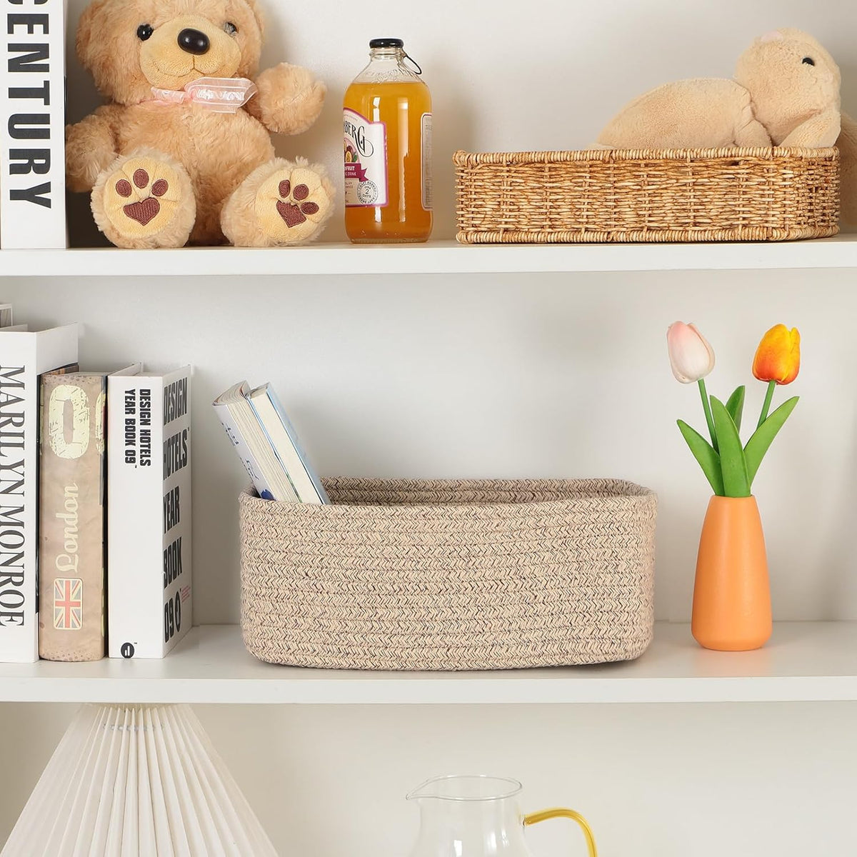 MiniArk Small Storage Baskets for Organizing | Closet Organizer Bins | Shelf Toy Basket | Woven Rope Baskets | Cube Decorative Box | Shallow Basket | L11.5xW7.5xH4.7| Brown