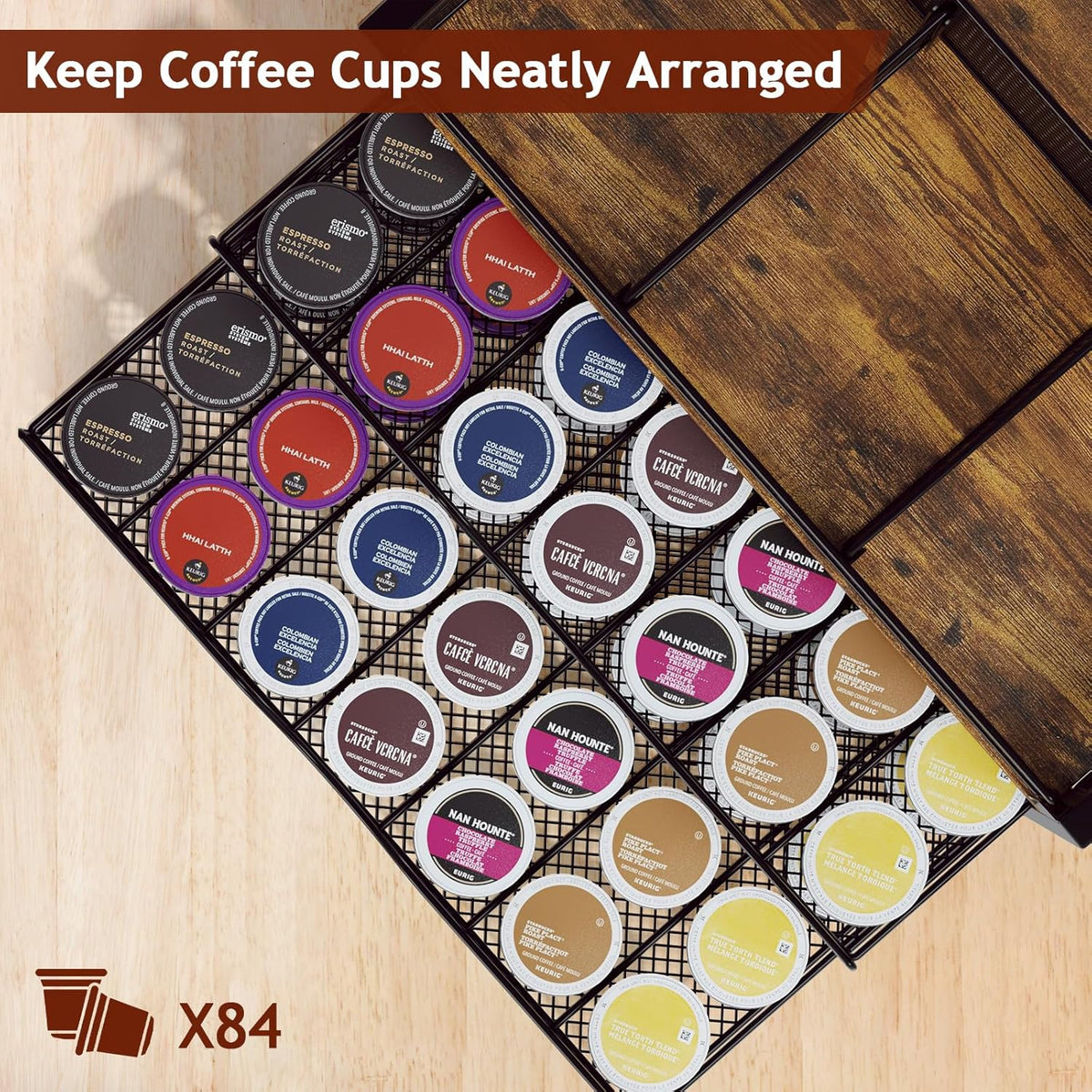 Homsorout Coffee Bar Organizer - Coffee Station for Countertop, Metal and Wood K Cup holder Storage Basket for Coffee Pods, Syrup, Cups, Stirrer, Coffee Condiment, Tea Organizer, Black and Brown
