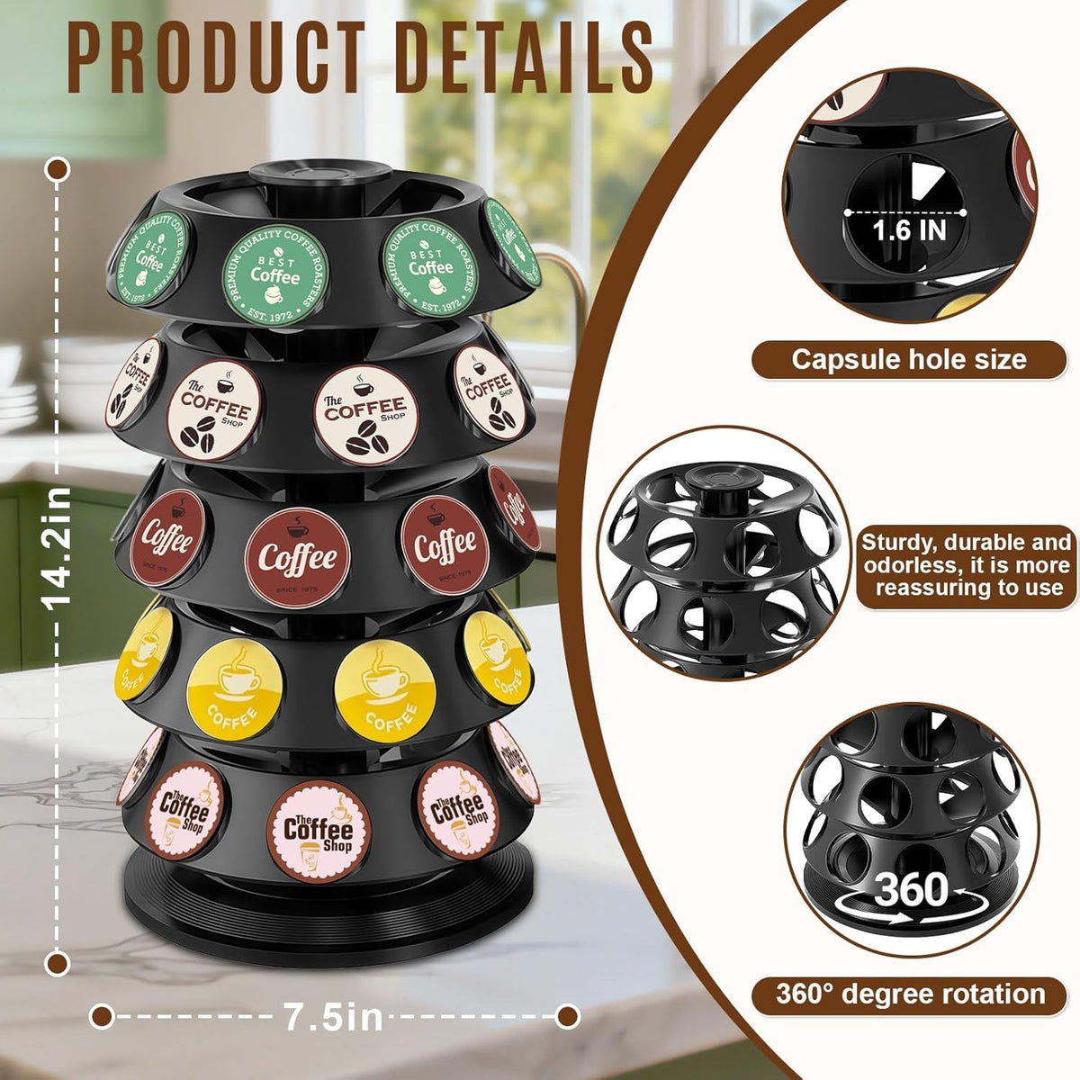 K Cup Holder, Coffee Pod Storage Carousel Holder Organizer Compatible with 40 Keurig K-Cup Pods, Home or Office Kitchen Counter Organizer
