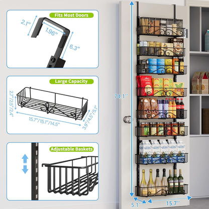 6-Tier Over the Door Pantry Organizer, Pantry Organization And Storage, Hanging Storage Organizer Spice Rack Metal Shelving for Home & Kitchen, Office Laundry Room Bathroom Black