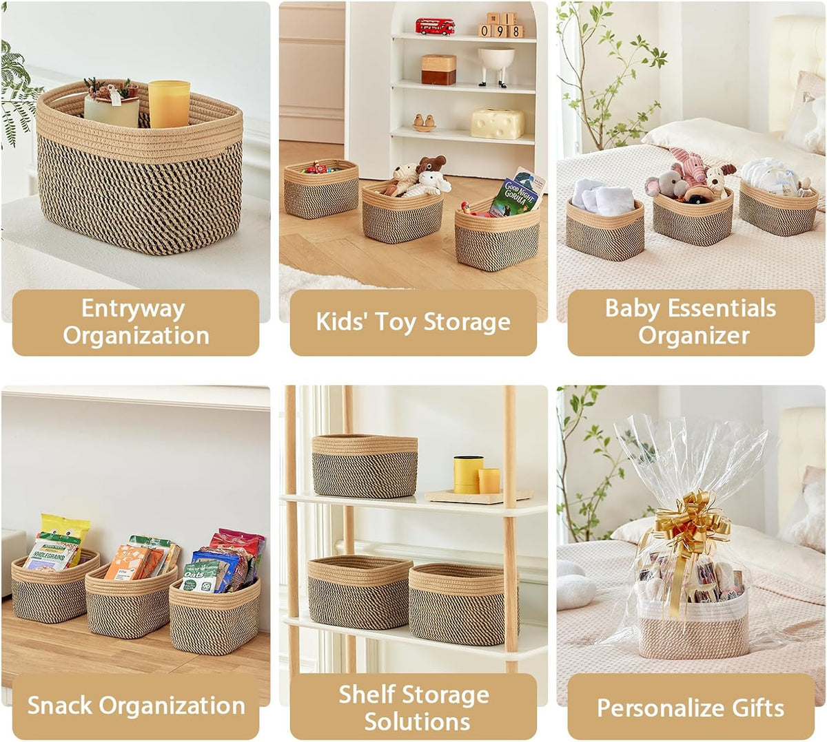 R RUNKA Small Cotton Rope Basket – Storage Bin for Organizing (10.6" x 6.7" x 6.7"), Bathroom Storage Basket for Shelf, Counter & Closet（Beige）