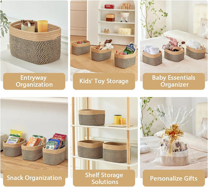R RUNKA Small Cotton Rope Basket – Storage Bin for Organizing (10.6" x 6.7" x 6.7"), Bathroom Storage Basket for Shelf, Counter & Closet（Beige）