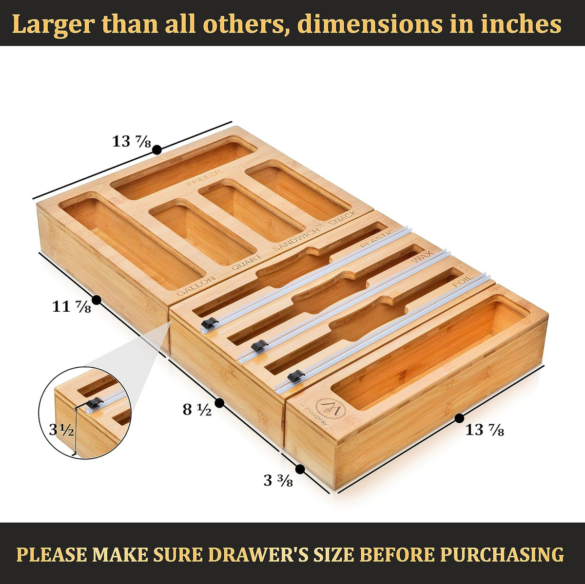 3 in 1 Wrap Organizer with Cutter and Labels, Plastic Wrap, Aluminum Foil and Wax Bamboo Dispenser for Kitchen Storage Organization Holder for 12" Roll (Natural)