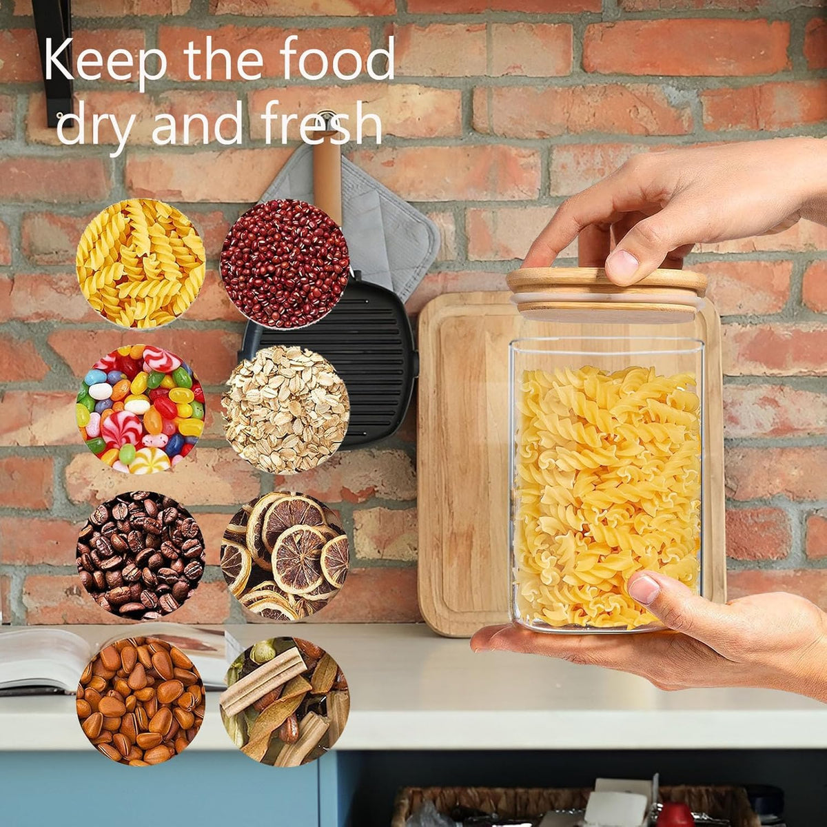 2.2 Qt Square Glass Storage Containers with Lids, Clear Food Storage Container Jar with Sealing Bamboo Lid Storage Containers for Pasta, Oats, Coffee, Flour, Sugar (Square -3Pack)