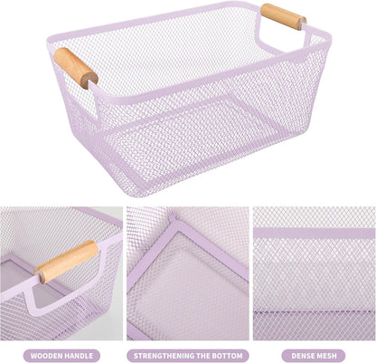 2 Pack 12" Wide Metal Mesh Baskets with Bamboo Handles for Pantry Organization | Wire Storage Bins for Kitchen, Cabinet, Fruit & Snacks | Decorative Farmhouse Style Organizer