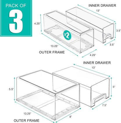 Sorbus Fridge Drawers - Clear Stackable Pull Out Refrigerator Organizer Bins - Food Storage Containers for Kitchen, Freezer, Vanity & Fridge (3 Pack | 1 Medium, 2 Small Stackable Drawer Bins)