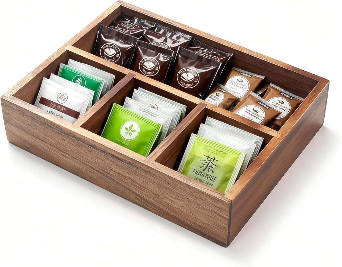 XIMISISE Tea Bag Holder, Acacia Wood Tea Bag Storage Organizer, Tea Candy Basket, Sugar Packet Organizer, Coffee Station Condiment Organizer