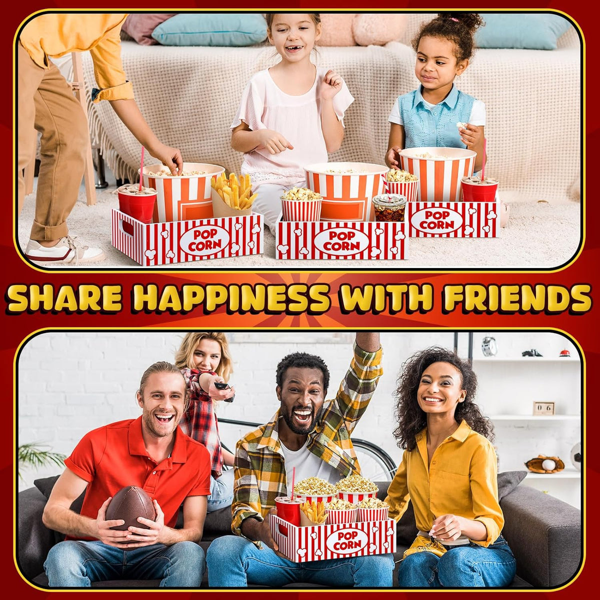 Movie Night Supplies Snack Trays with Handles Reusable Wooden Movie Gift Basket for Theater Popcorn Bucket Bowl Box Container Family Room Decor(Classic Style)