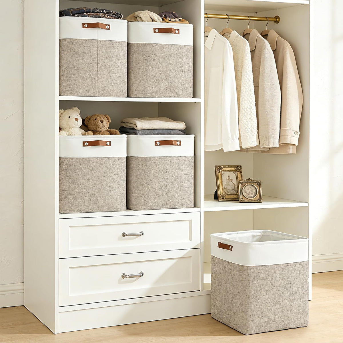 Bagnizer Large Fabric Storage Baskets | 50L Storage Bins, Decorative Linen Closet Baskets with Handles for Organizing, Shelf, Toys, Clothes, Home, Office, Nursery, 17x12x15Inches (Grey&White)