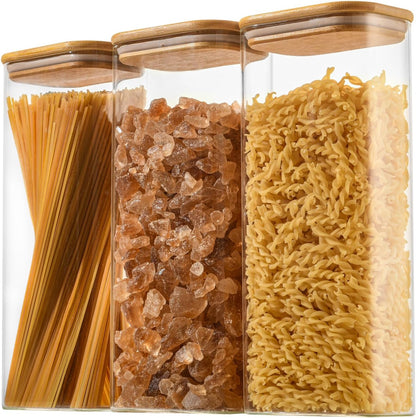 D2scrma 37oz Rectangle Airtight Glass Storage Containers with Bamboo Lids (Set of 6), Square Food Storage Jar, Pantry Organizers for Cereal, Nuts, Snacks and Coffee beans (‎with Black Lable)