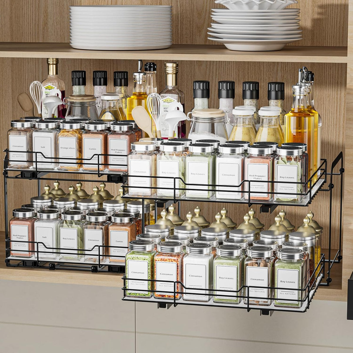 BOIVSHI 2-Tier Spice Rack, Pull Out Cabinet Organizer Spice Racks Height Adjustable Heavy Duty Metal Basket for Inside Cabinets & Pantry Closet(9.5''Wx10.5''Dx9.5''H)