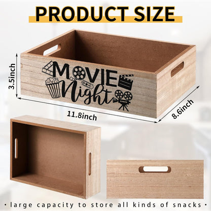 Movie Night Supplies Snack Trays with Handles Reusable Wooden Movie Gift Basket for Theater Popcorn Bucket Bowl Box Container Family Room Decor(Classic Style)