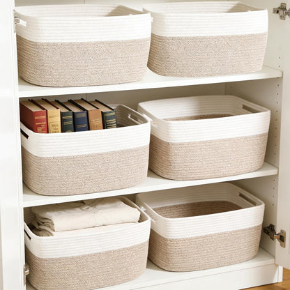 3 Pack Woven Rope Storage Baskets for Shelves,13.5"×11"×9.5" Storage Bins with Handles,Empty Gift Baskets,Nursery Organizer for Toys,Towels,Books,Closet,Living Room,Bedroom (White & Brown)
