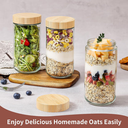 DRKIO 16 Oz Overnight Oats Containers with Bamboo Lids - 4 Pack Glass Storage Jars with Airtight Lids Wide Mouth Mason Food Jars Great for Meal Prep Salad Chia Pudding Snacks Yogurt Sugar Spice Cereal