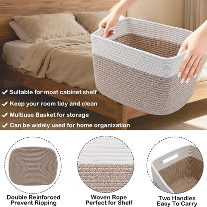 3 Pack Woven Rope Storage Baskets for Shelves,13.5"×11"×9.5" Storage Bins with Handles,Empty Gift Baskets,Nursery Organizer for Toys,Towels,Books,Closet,Living Room,Bedroom (White & Brown)
