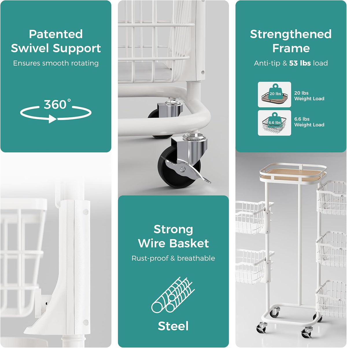 5 Tier Kitchen Fruit Vegetable Storage Cart with One-Piece Rotating Basket, Pantry Organizer Shelf Rack Floor Stand for Veggie Onion Potato Produce Spice, Rolling Snack Cart on Wheels, Black