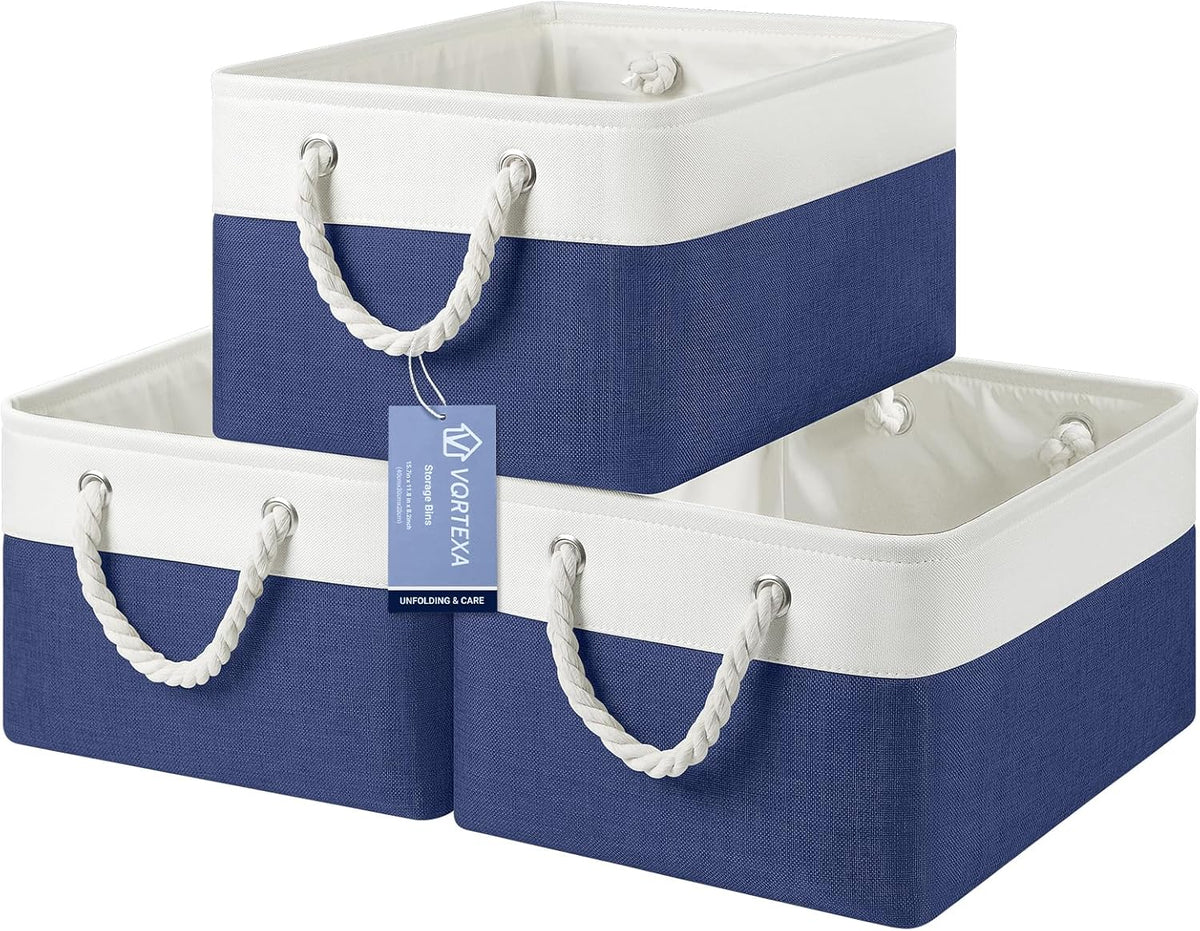 Large Storage Baskets- 15.7x11.8x8.26 inch Storage Bins for Shelves and Closet Organizing, Foldable Fabric Bin for Home Organization Clothes and Laundry (3-Pack, White&Khaki)