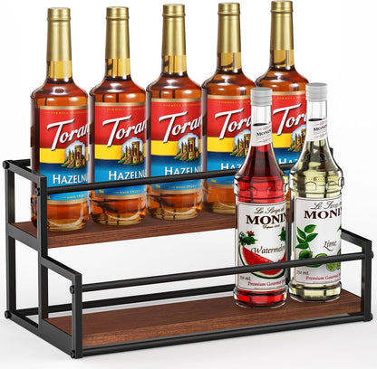 THYGIFTREE Coffee Syrup Rack Organizer 2-Tier 10 Syrup Bottles Holder Stand Metal with Wood Base for Coffee Bar Storage Shelves for Kitchen Countertop Matte Black