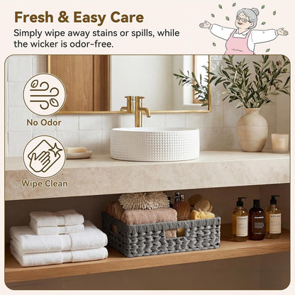 GRANNY SAYS Wicker Storage Baskets for Shelves, Wicker Baskets for Organizing, Waterproof Woven Basket for Pantry, Rectangle Basket for Shlef, Brown, 2-Pack