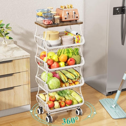 SAYZH Fruit Basket Kitchen Pantry Organizers and Storage - Wooden Top Table, Stackable Metal Wire Basket Stand Cart for Fruit Vegetable Snacks Onion Potato Organization (Black, 5 Tiers)
